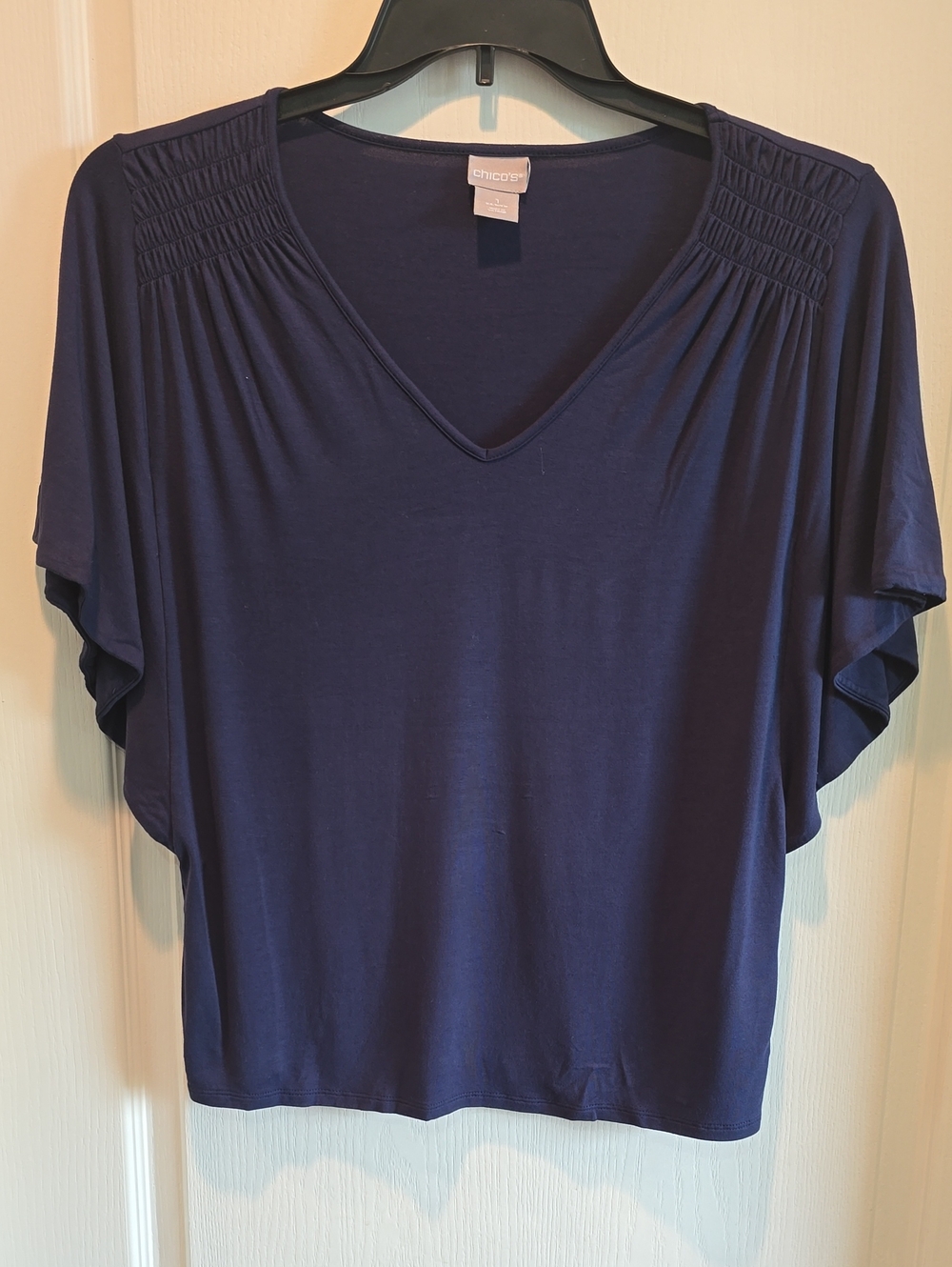 Chico's Navy V-Neck Smocked Shoulder Flutter Sleeve Top